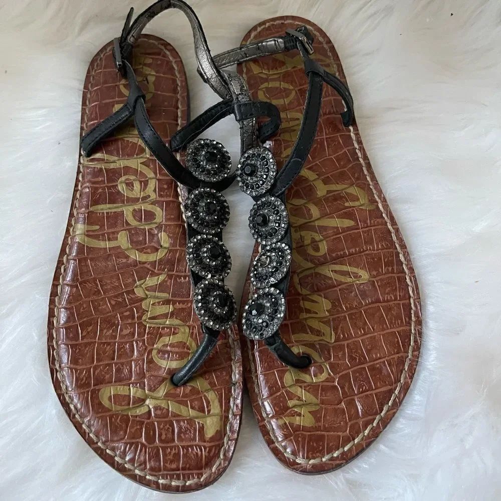 Sam Edelman Galia leather black ankle strap thong sandals with RhinestonesSZ7.5M